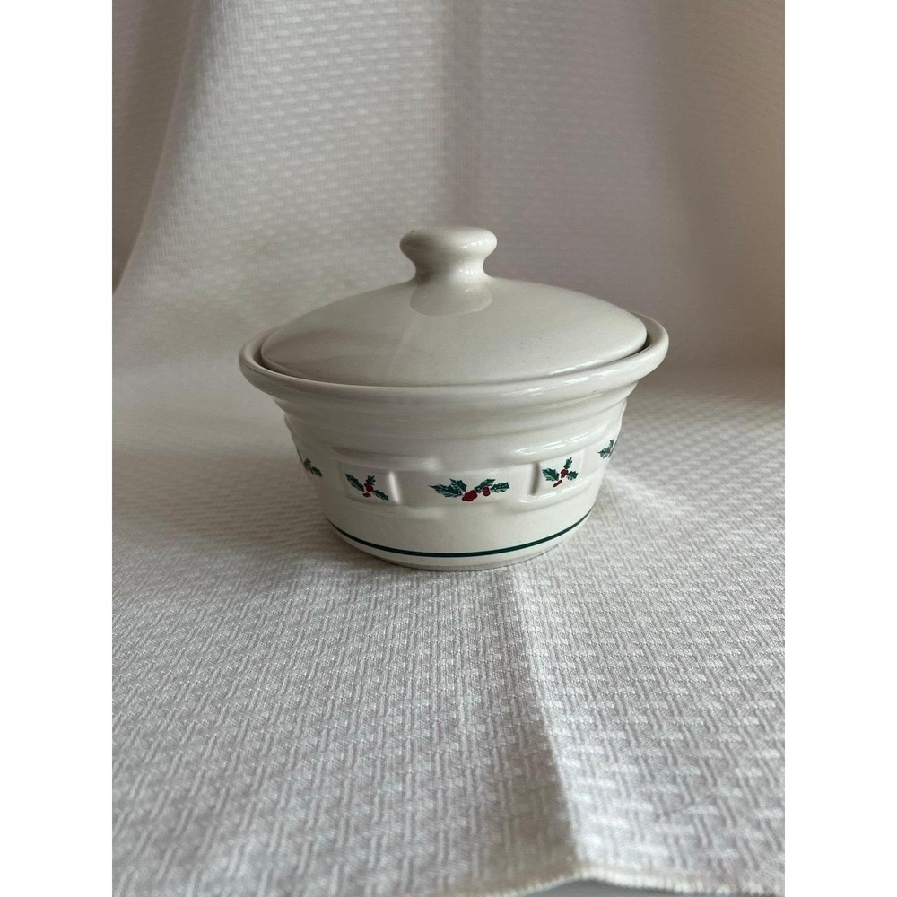 Longaberger Pottery Small Covered Dish Traditional Holly